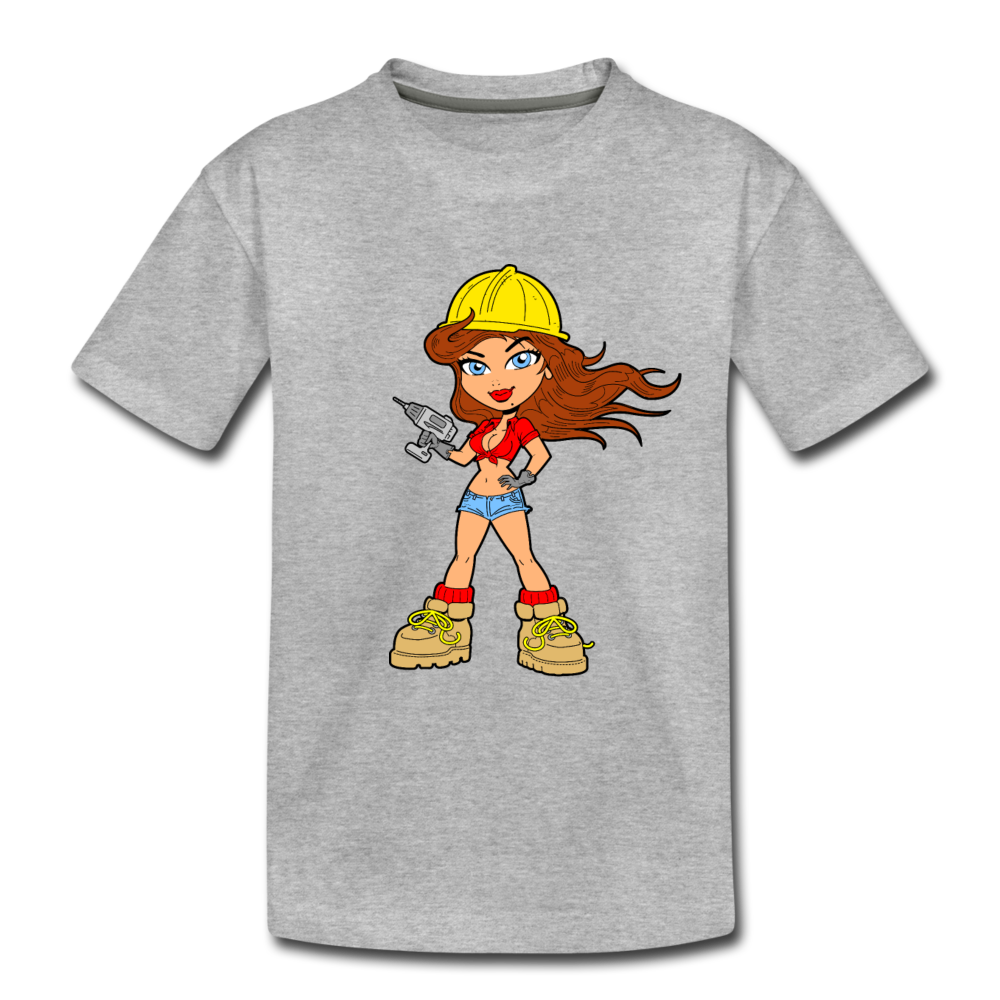 Construction Girl Cartoon Kids T-Shirt - heather gray