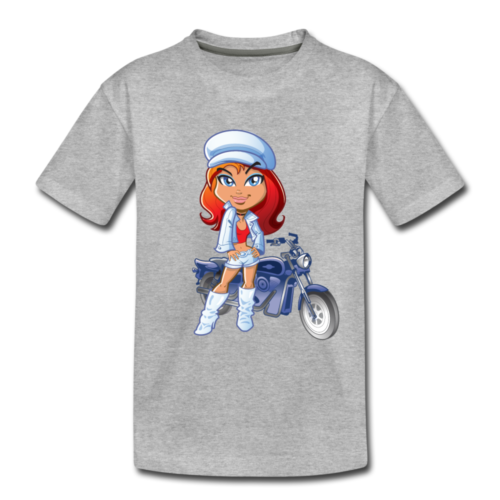 Motorcycle Girl Cartoon Kids T-Shirt - heather gray