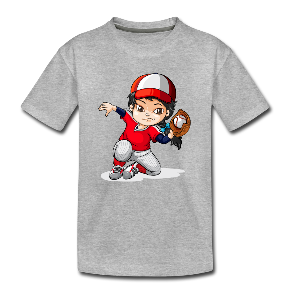 Baseball Girl Cartoon Kids T-Shirt - heather gray