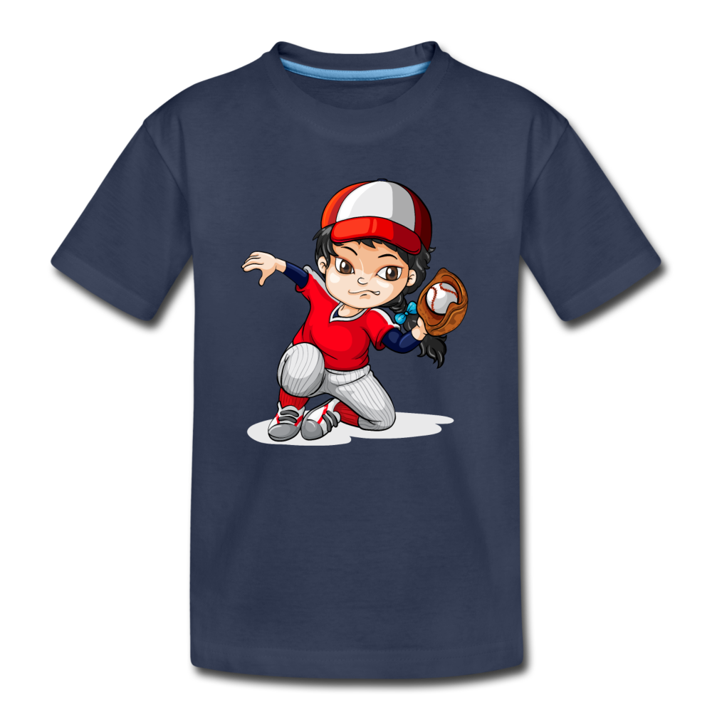 Baseball Girl Cartoon Kids T-Shirt - navy